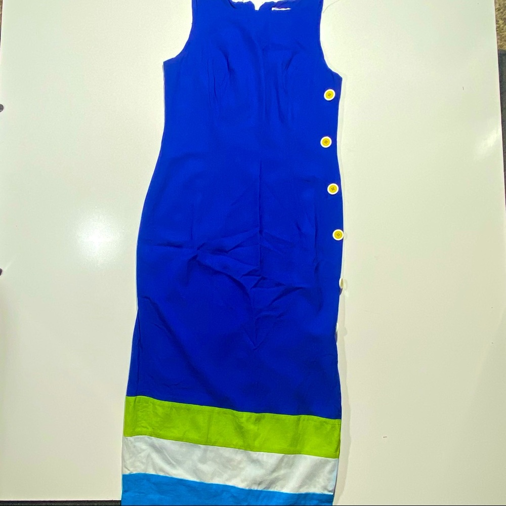 DL‎ Deborah Laws Blue Green White Striped Bottom Linen Sleeveless Midi Dress M
